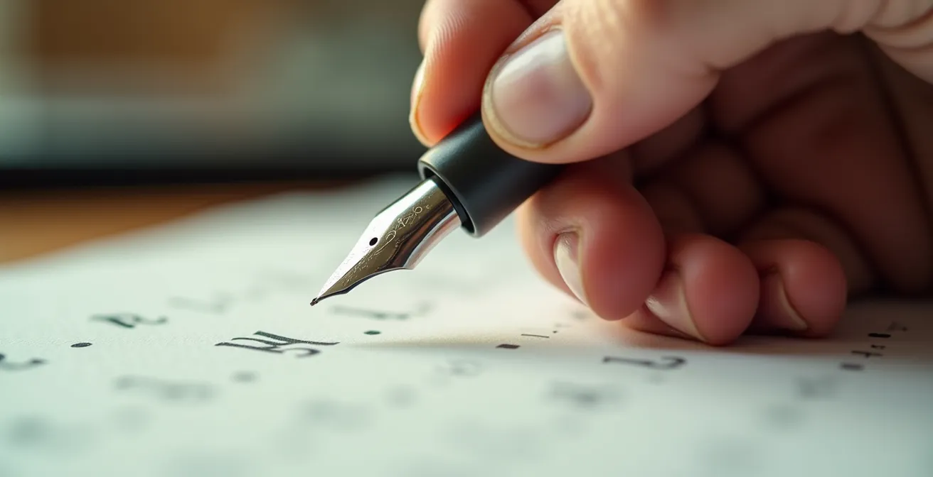 Détail macro d'une main annotant un livret avec stylo